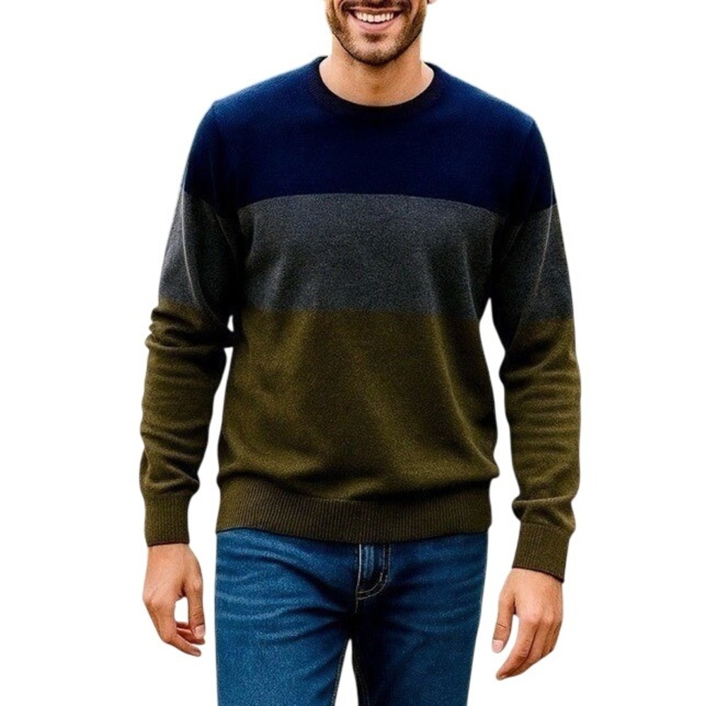 French Connection Men's Blue/Gray/Green Long Sleeve Wool Sweater